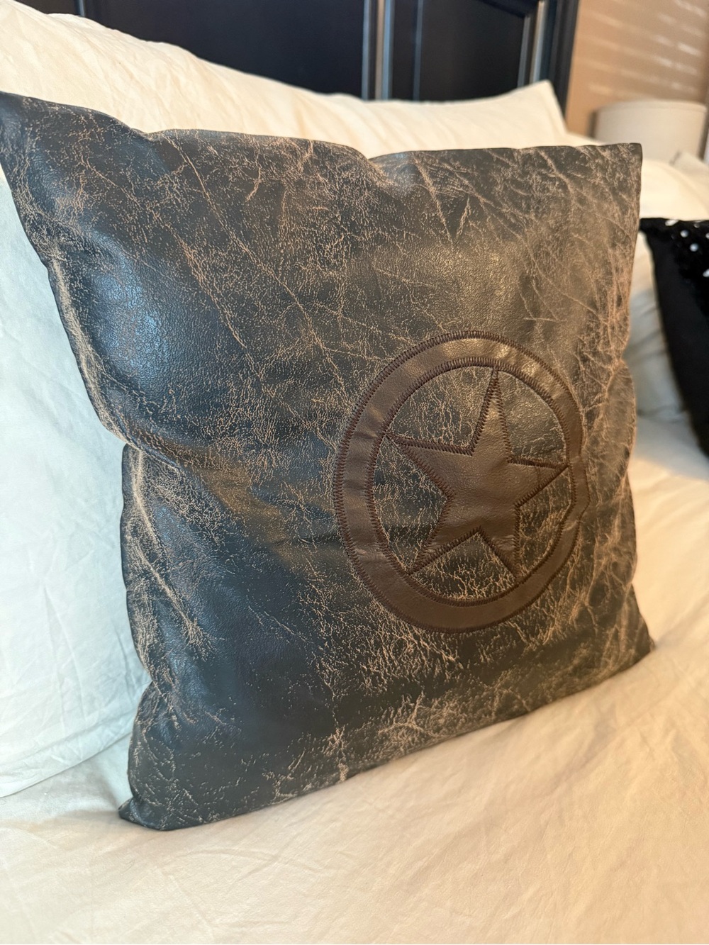 Distressed Faux Leather Star Accent Pillow
